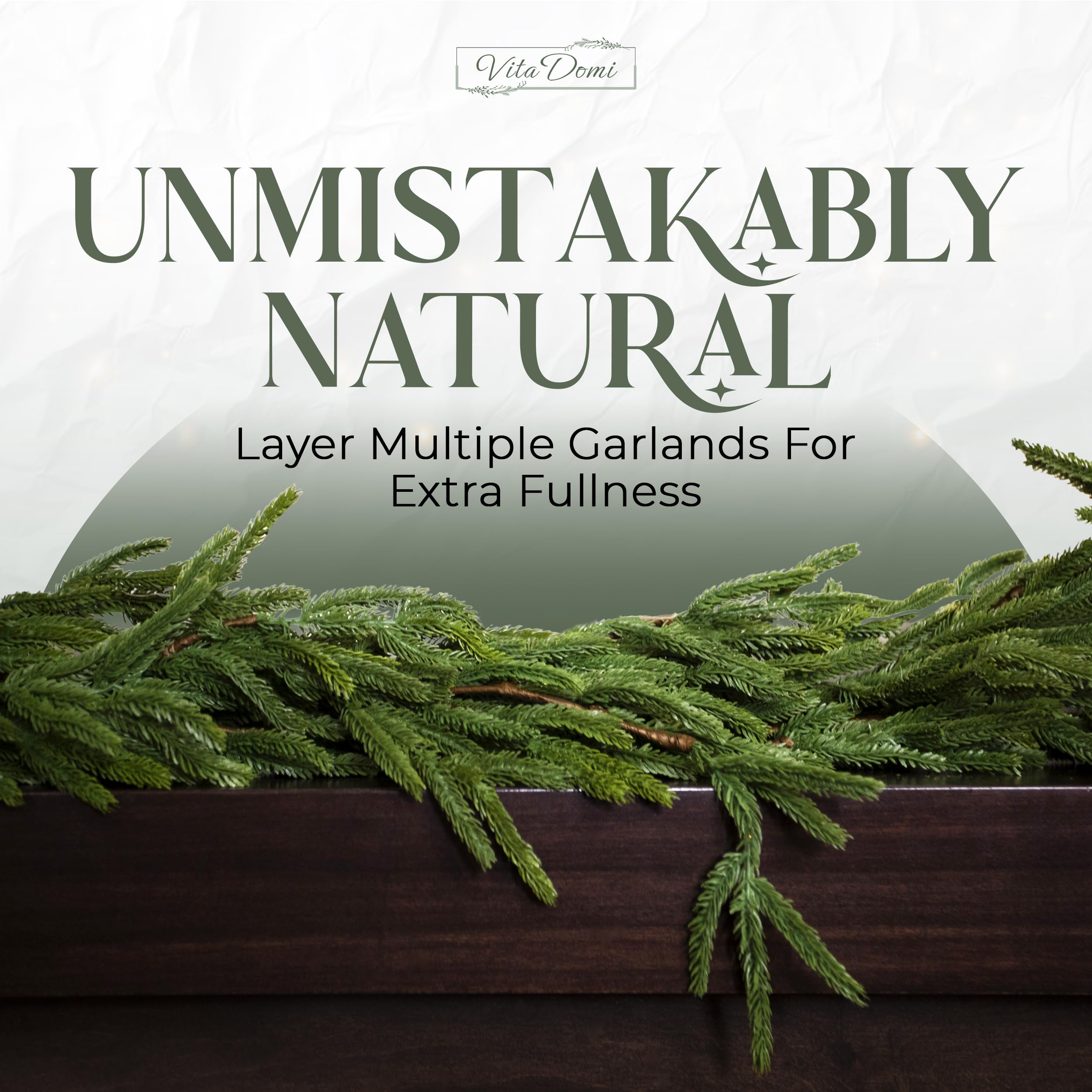 Vita Domi 72" Real Touch Norfolk Pine Garland Realistic 6ft, Christmas Garland for Mantle, Stairs, Fireplace, Soft and Bendable Real Touch Garland Christmas Greenery, Evergreen Christmas Garlands