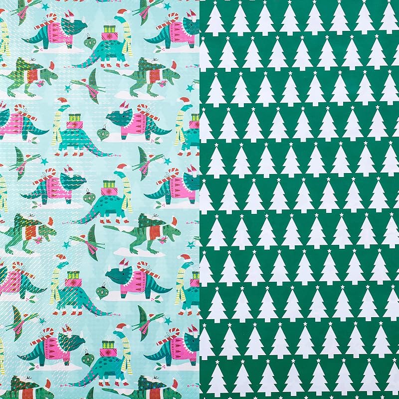 Reversible Christmas Dinosaur Wrapping Paper Roll - 17in x 16.4ft, Blue/Green with Dino & Tree Design (Variation: Christmas Dinosaur & Plaid+17 in x 16.4 ft)