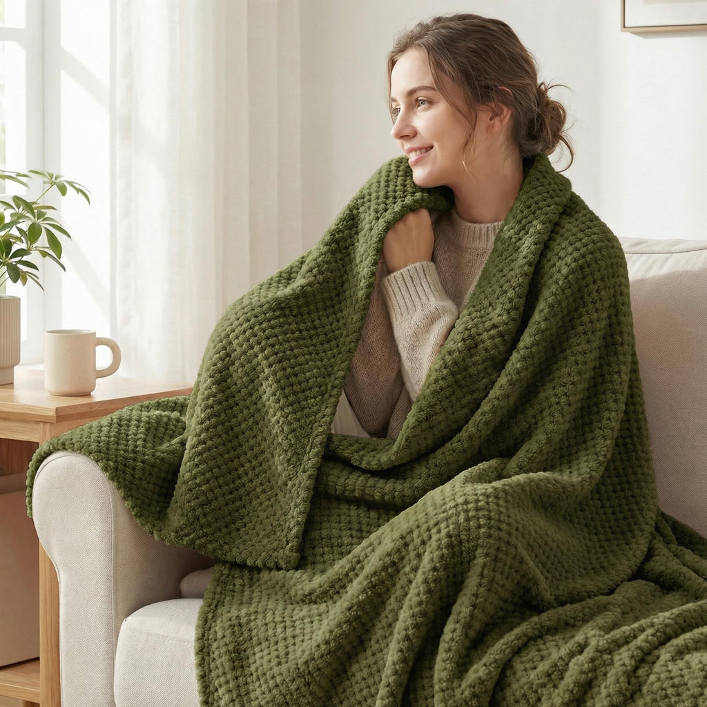 Exclusivo Mezcla Fleece Throw Blanket Extra Large, Super Soft and Warm Blankets for Couch, Sofa and Bed Waffle Textured, Cozy, Fuzzy and Lightweight (Olive Green, 50x70 Inches)
