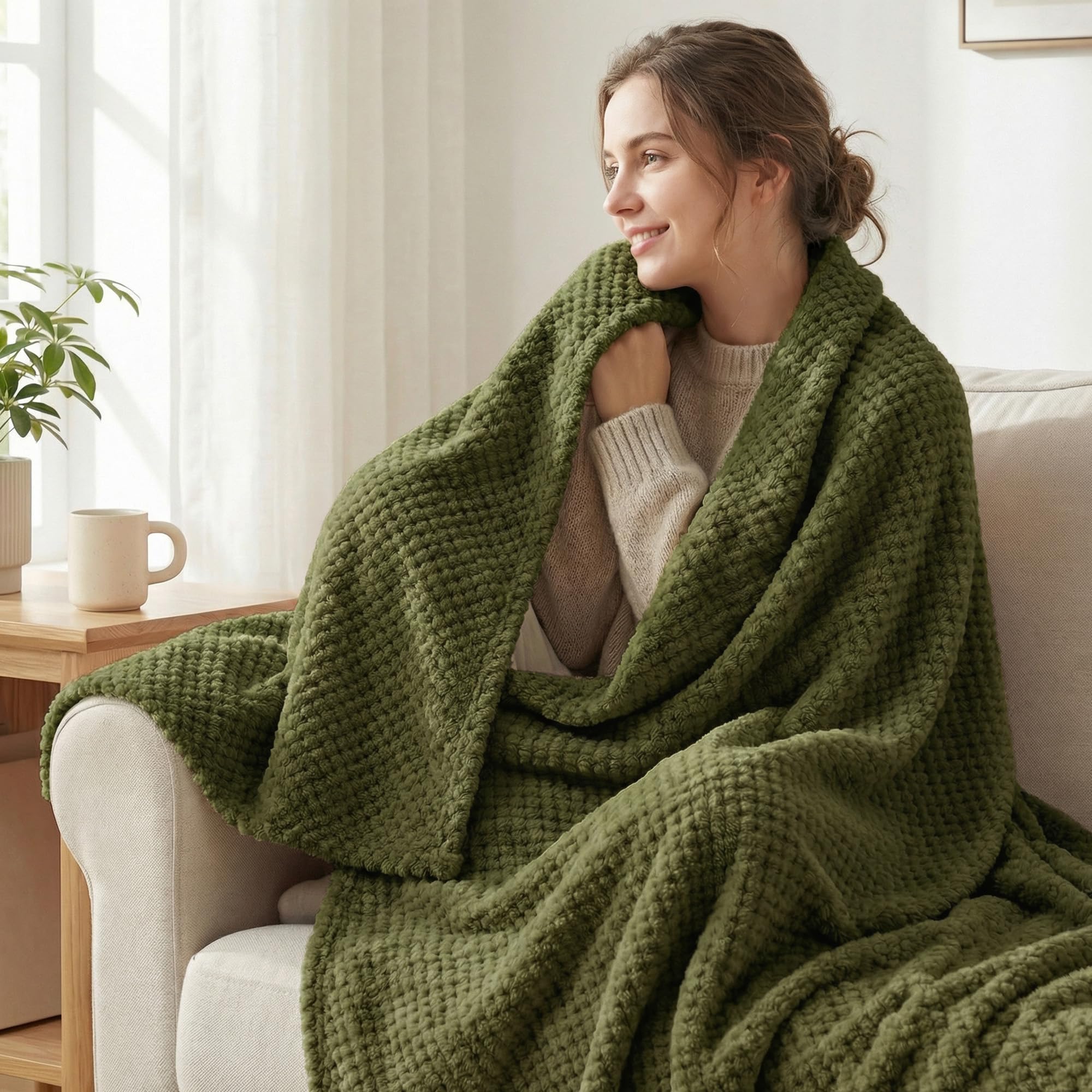 Exclusivo Mezcla Fleece Throw Blanket Extra Large, Super Soft and Warm Blankets for Couch, Sofa and Bed Waffle Textured, Cozy, Fuzzy and Lightweight (Olive Green, 50x70 Inches)