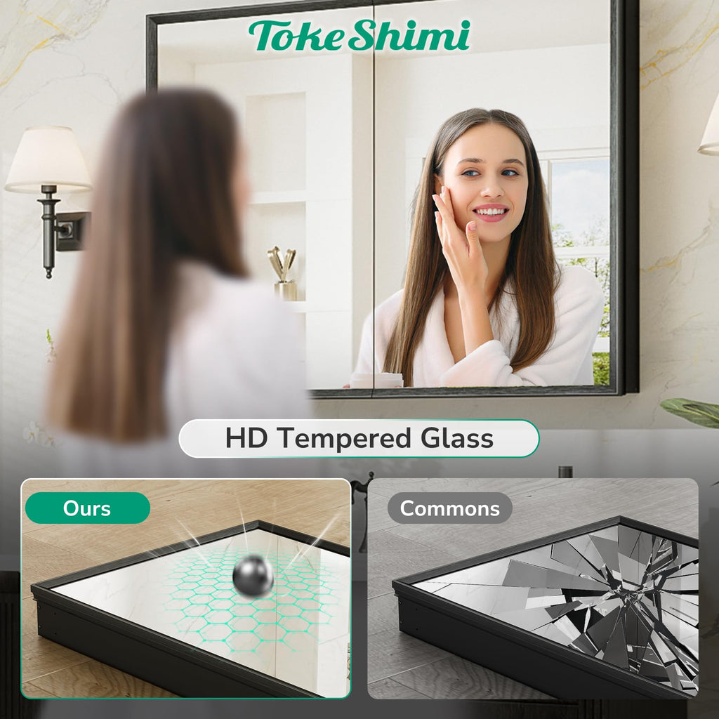 TokeShimi 14x18 Bathroom Medicine Cabinet with Mirror, Assembly Required, Black Recessed Medicine Cabinet, 1 Stepless Adjustable Shelves, Beveled Aluminum Frame, Tempered Glass