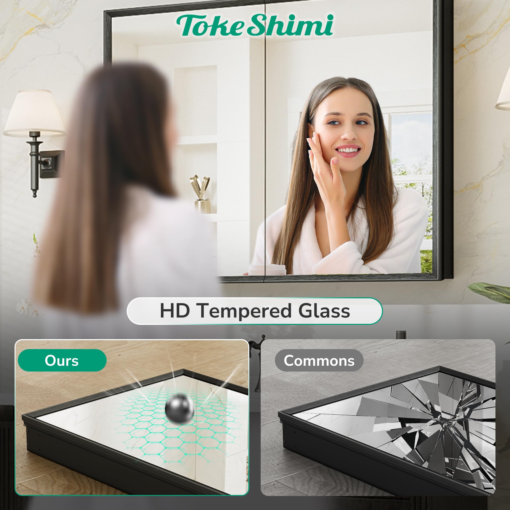 TokeShimi 14x18 Bathroom Medicine Cabinet with Mirror, Assembly Required, Black Recessed Medicine Cabinet, 1 Stepless Adjustable Shelves, Beveled Aluminum Frame, Tempered Glass