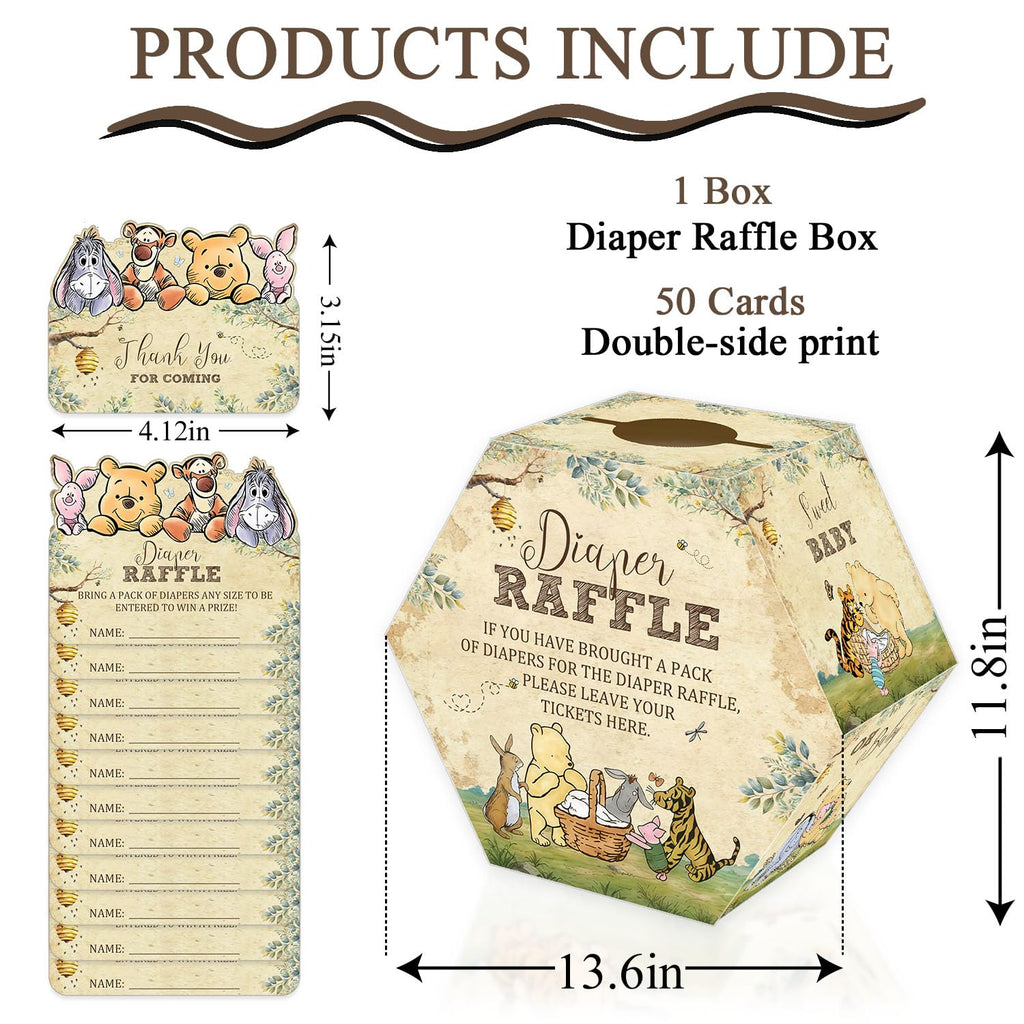 Winnie Baby Shower Diaper Raffle Hexagonal Box, 50 Bear Diaper Raffle Tickets with Box, Classic Baby Shower Game for Girls Boys, Pooh Baby Shower Party Centerpiece, Newborn Party Decoration Supplies