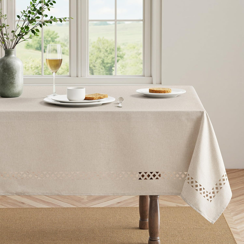 MIULEE Beige Rectangle Polyester Tablecloth with Decorative Cutouts Spring Waterproof Stain Resistant & Shrink-Proof Table Cloth 60x84 inch Farmhouse Style for Dining Wedding and Outdoor
