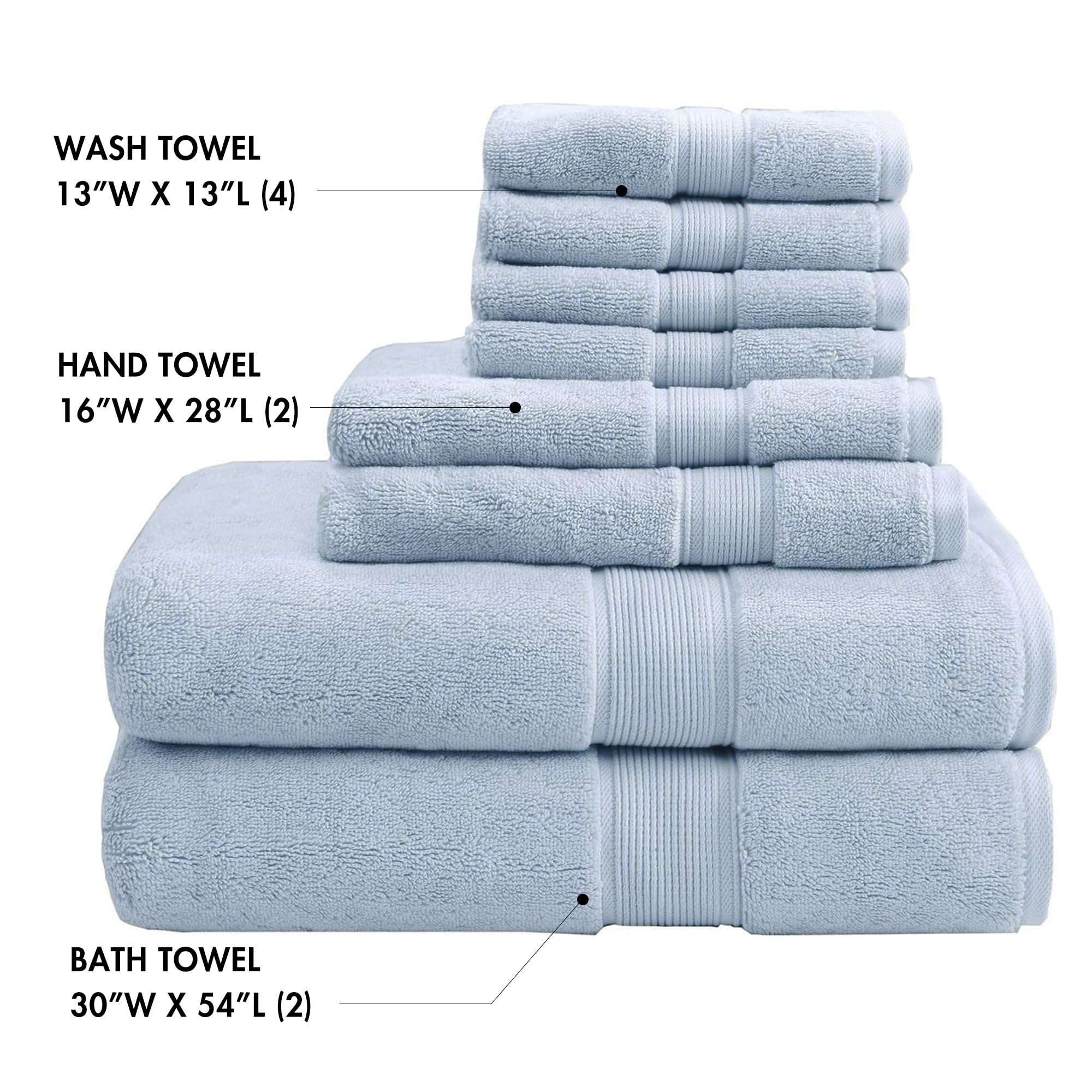 Madison Park 800GSM Bathroom Towel Set of 8 100% Cotton Bath Towel Set for Bathroom Luxurious Highly Absorbent 2 Bath Towels 2 Hand Towels 4 Washcloths Quick Dry Spa Quality Light Blue