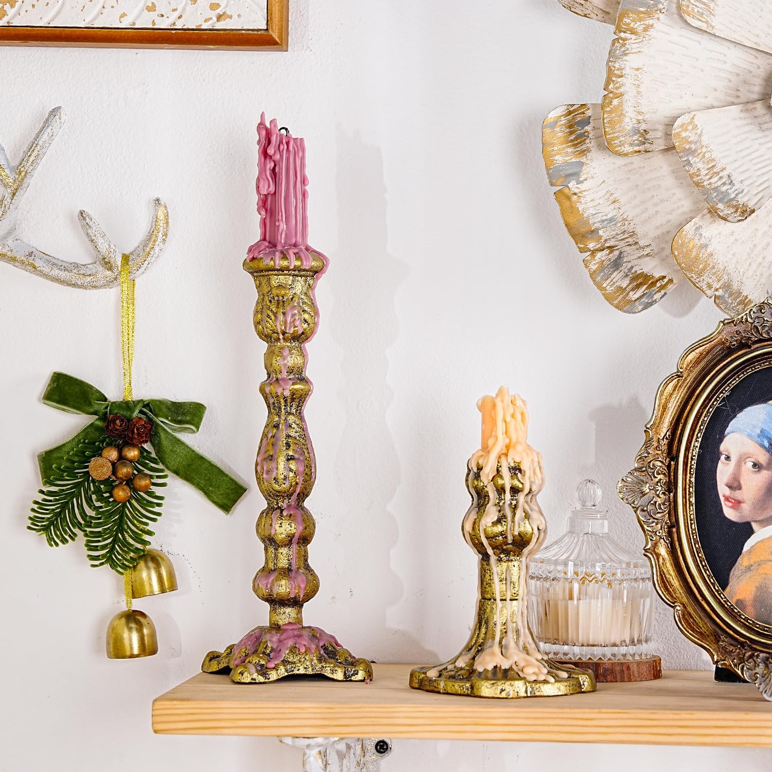Sungmor Vintage Gold Cast Iron Candle Holder - 8.7" Tall Rustic Taper Stand for Home Décor | Antique-Style Centerpiece