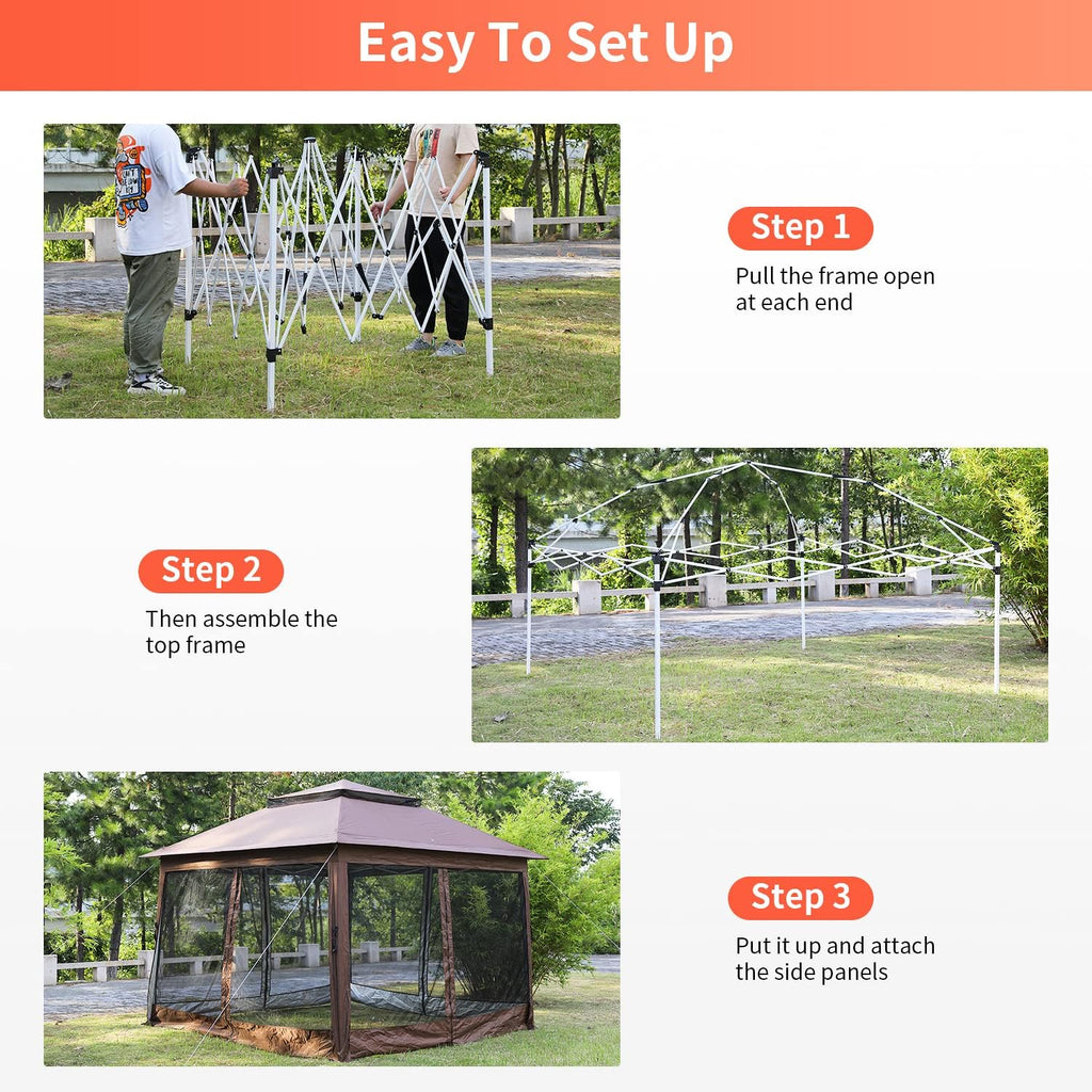 Skiennix 10'x10' Pop-Up Gazebo - Outdoor Patio Canopy with Mosquito Netting & Double Roof, Brown