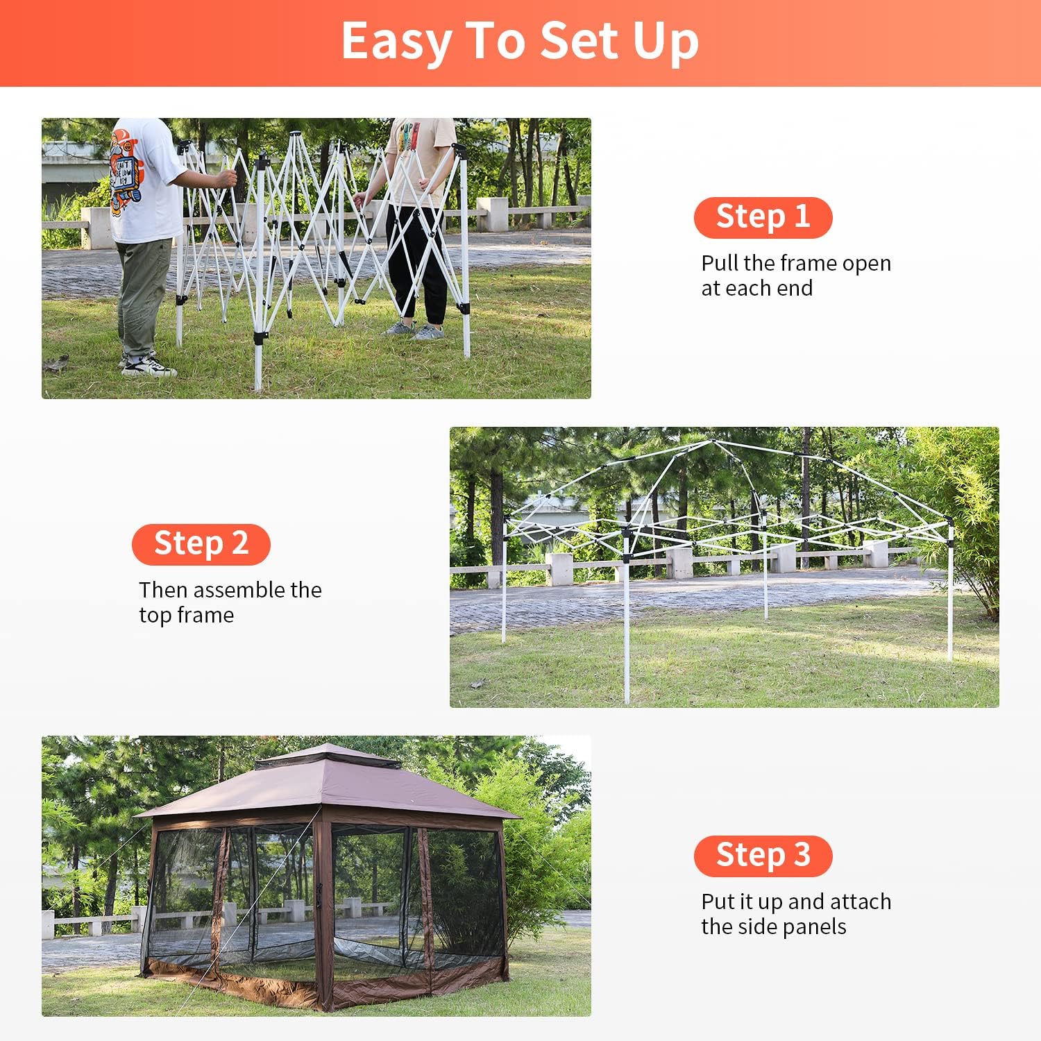 Skiennix 10'x10' Pop-Up Gazebo - Outdoor Patio Canopy with Mosquito Netting & Double Roof, Brown