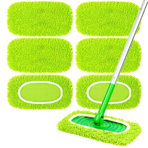 6-Pack Reusable Mop Pads Fit Swiffer Sweeper, Microfiber Cleaning Mop Pads Refill for Dry Sweeping & Wet Mopping Replacement