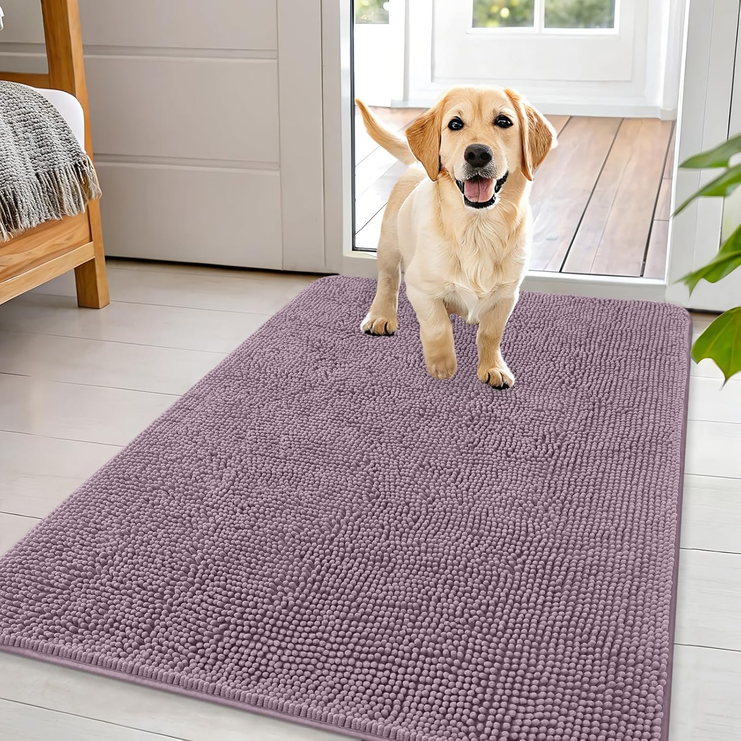 OLANLY Dog Door Mat - Absorbent Non-Slip Mud Mat for Indoor Use | Quick Dry Chenille, 44x32, Deep Plum