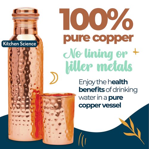 Kitchen Science- Ayurvedic 34oz Copper Water Bottle with Copper Tumbler, Bag & Sleeve – Lab-Tested, Leak-Proof