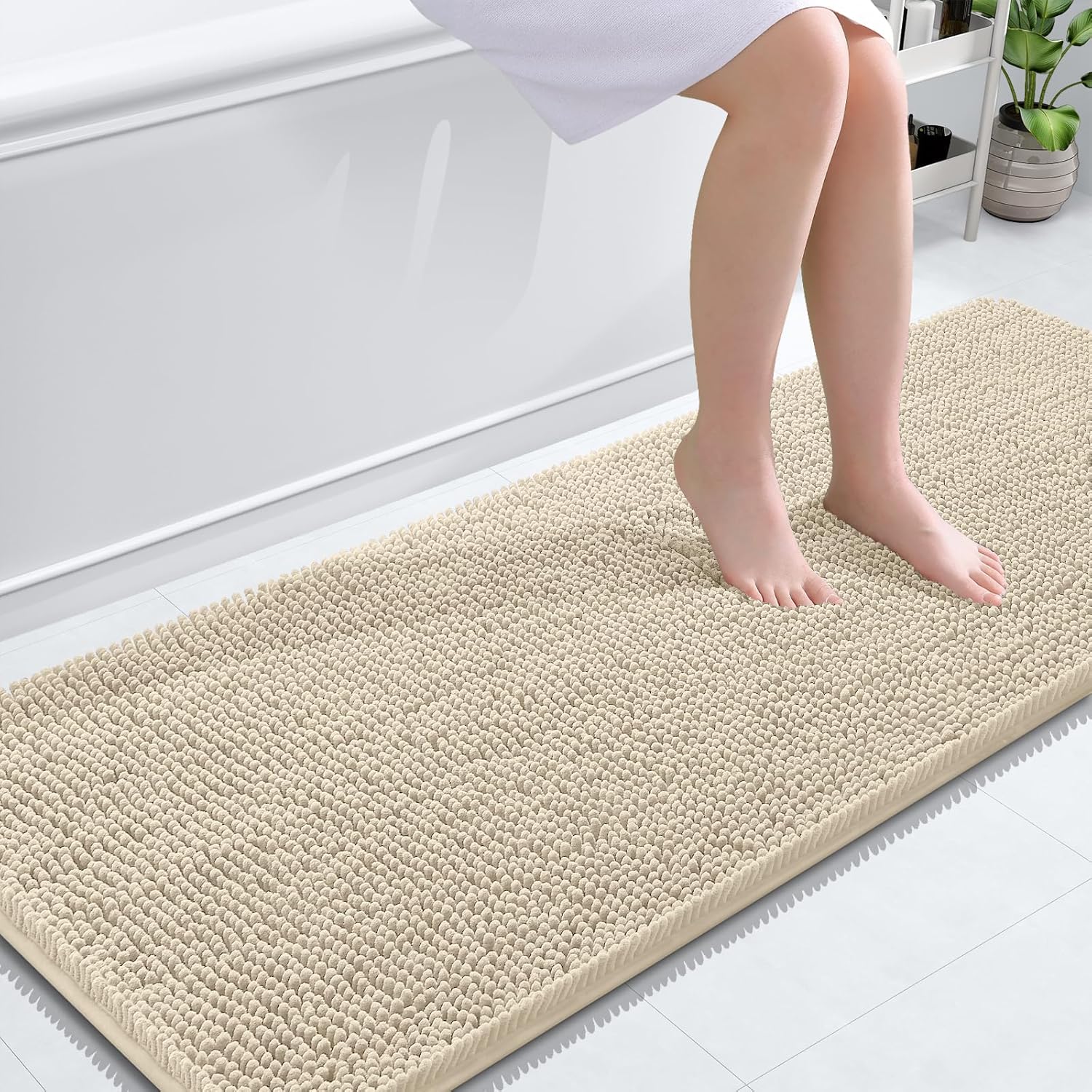 OLANLY Bathroom Runner Rugs - Extra Soft Chenille Bath Mats | Quick Dry, Machine Washable, 59x24, Sand
