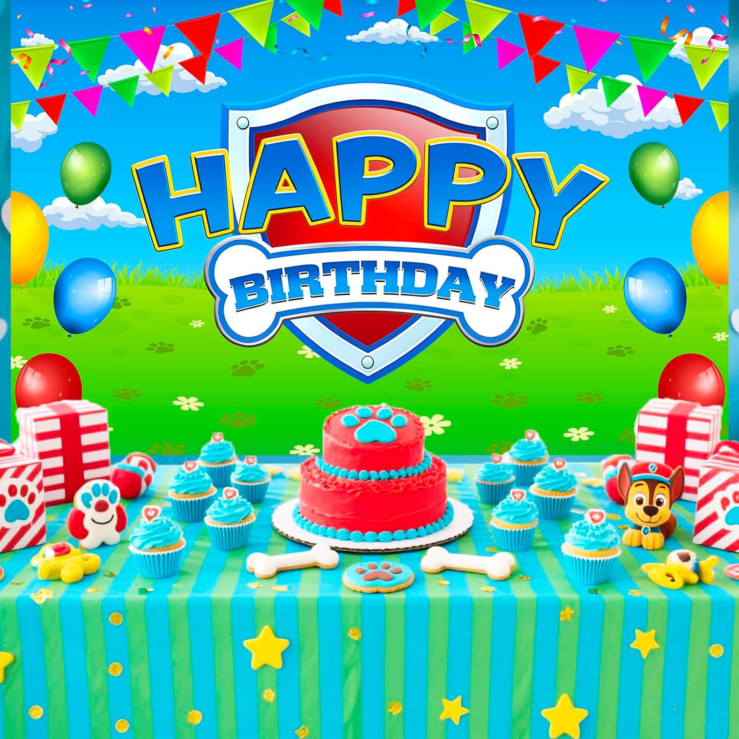 Paw Birthday Party Decorations - 70in X 43in Blue Dog Photo Backdrop for Kids' Rooms & Baby Showers