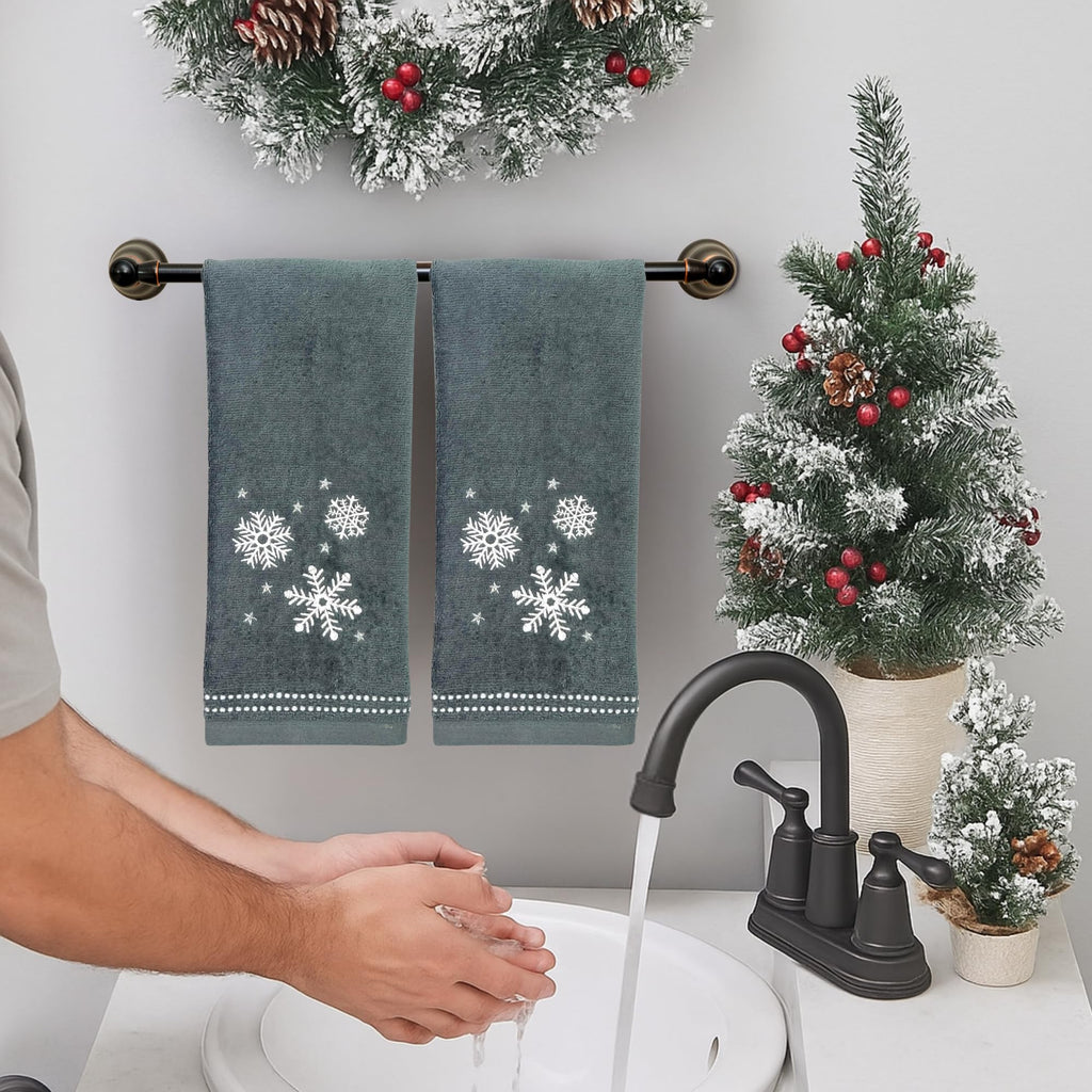 Serafina Home Christmas Hand Bathroom Towels, Set of 2, Embroidered Snowflakes and Stars, Dark Grey Velour Terry Cotton 16" x 25", Winter Holiday Decor for Kitchen or Bath