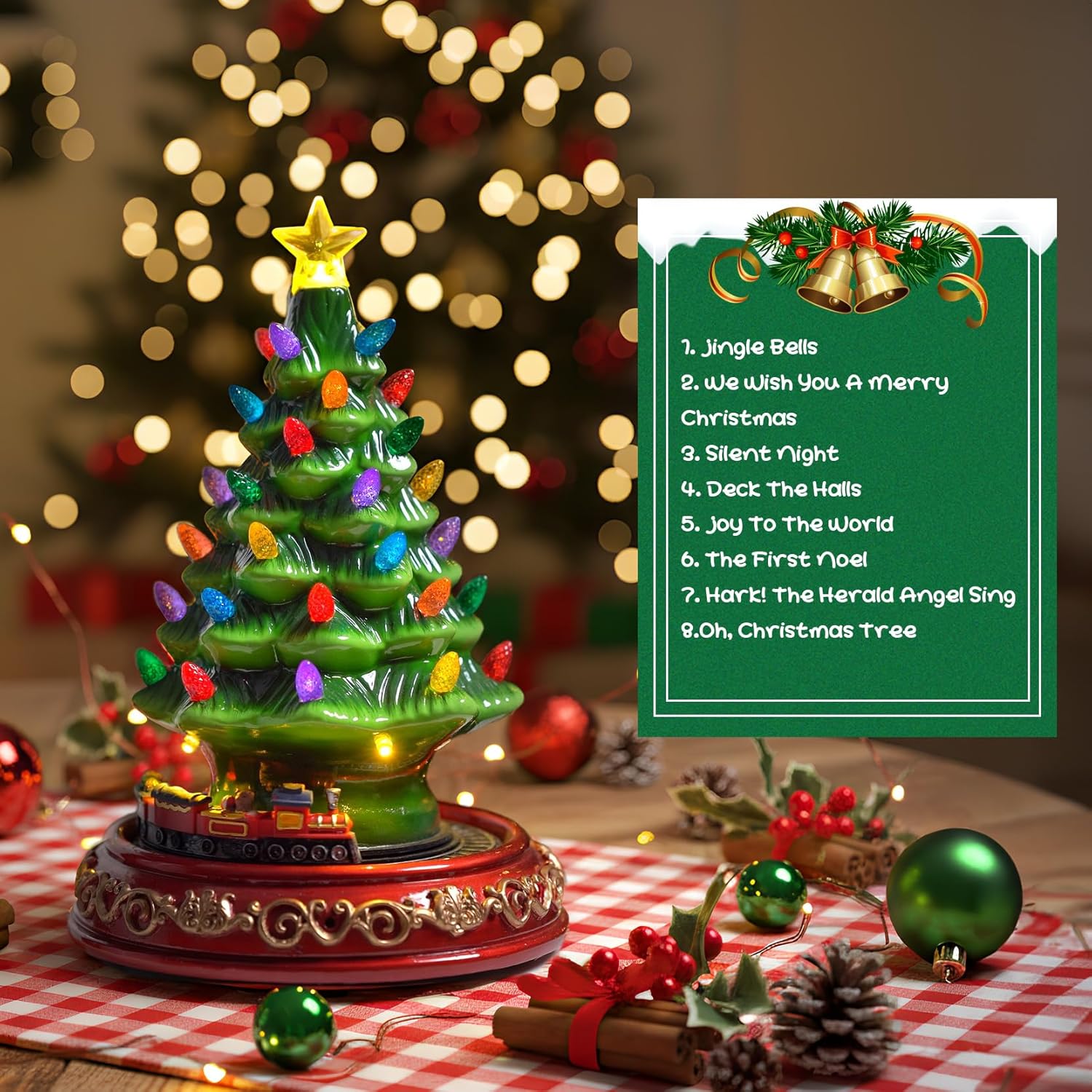 VISFLAIR Ceramic Christmas Tree - Musical Decoration with Rotating Train & 38 Multicolored Lights | Perfect Holiday Tabletop Gift
