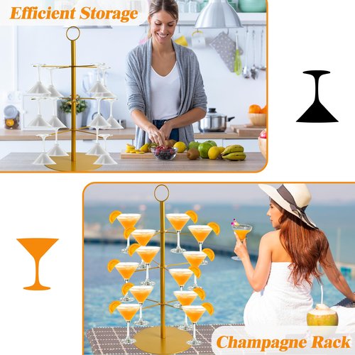Champagne Tower for Parties, 3-Tier 12-Glasses Cocktail Tree Stand Countertop Wine Glass Holder for Drinks, Champagne Stand Drink Tower Wine Glasses Display for Champagne , Martini, Margarita Cups