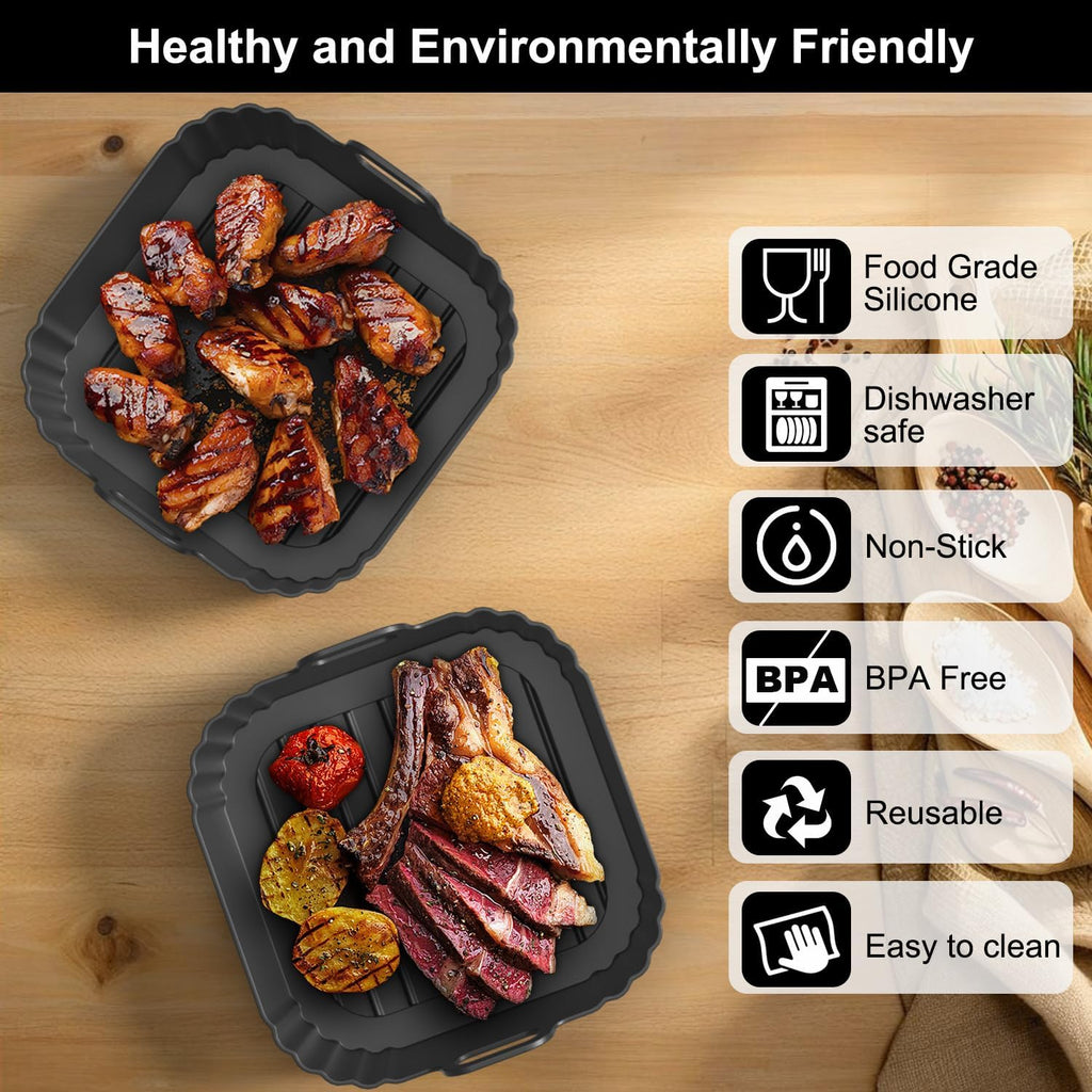 Skiennix 8.5 Inch Square Silicone Air Fryer Liners - Reusable Basket Liners for Ninja & More | 2 Pack