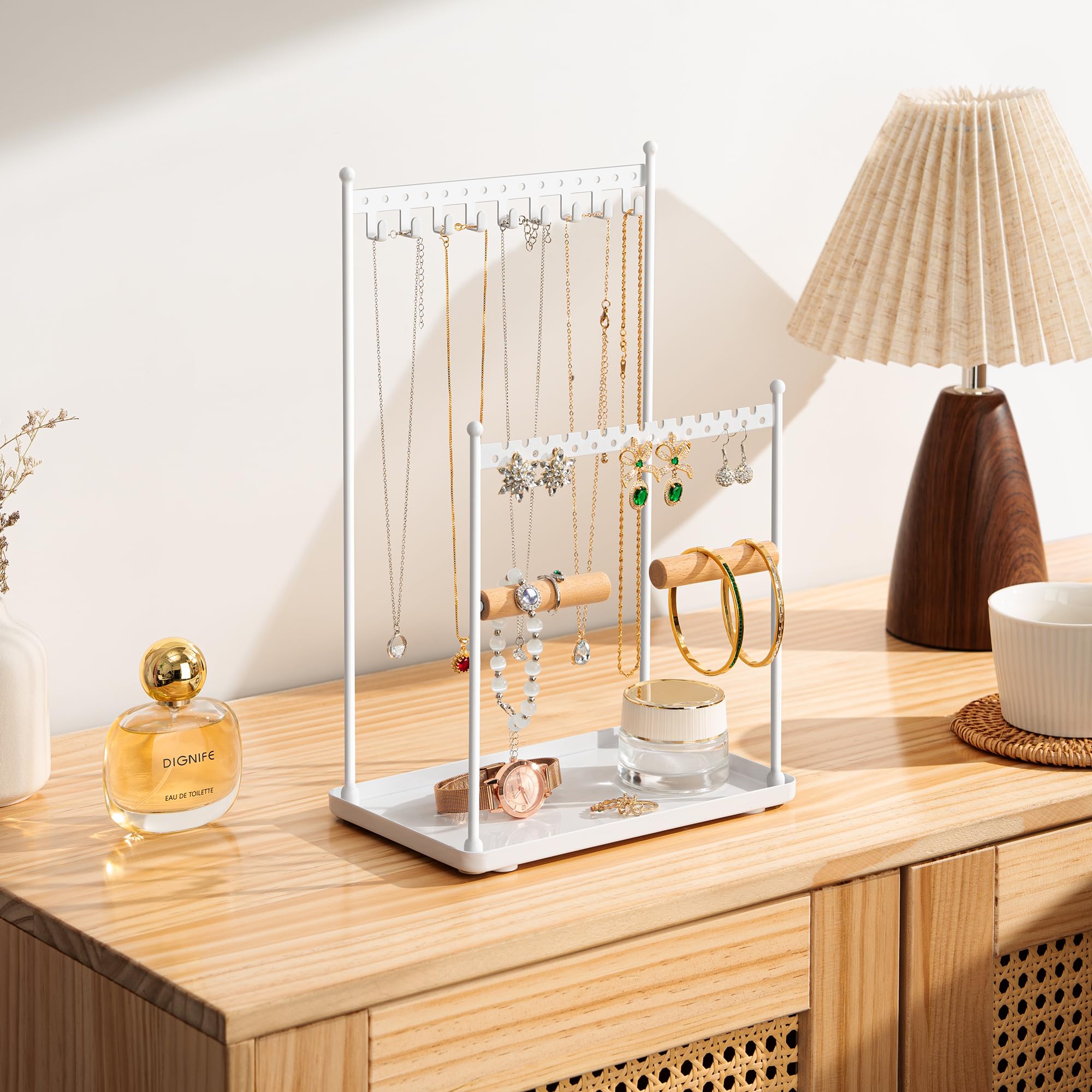 Josmimic 3 Tier white Jewelry Stand, Necklace Organizer, Earring Holder with 44 Holes and 9 Hooks, for Necklaces, Bracelets, Rings