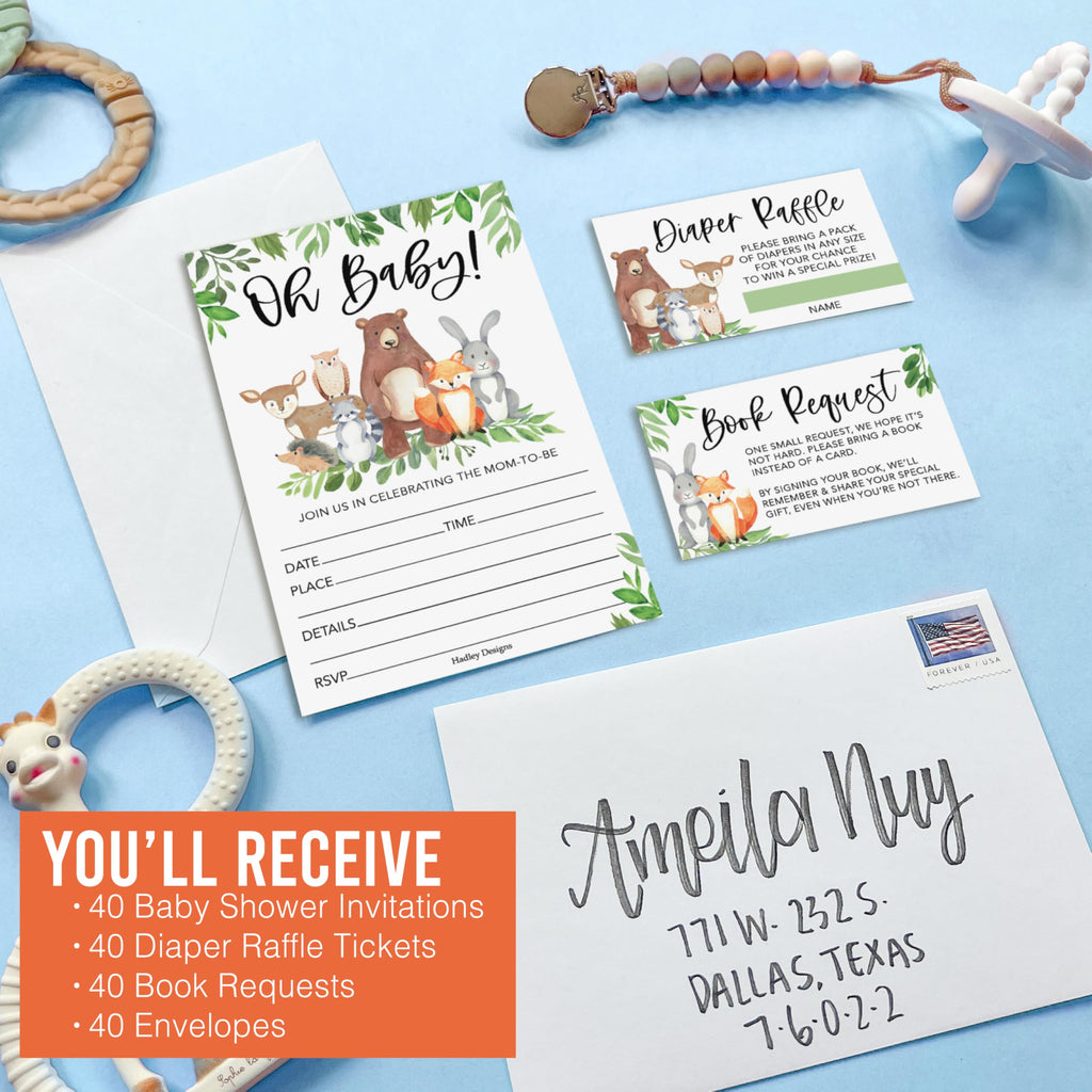 Hadley Designs Baby Shower Invitations for Girl -40 Baby Shower Invites for Boy with Diaper Raffle & Book Request Cards, Woodland Animals Gender Reveal Invitations Gender Neutral, Oh Baby!