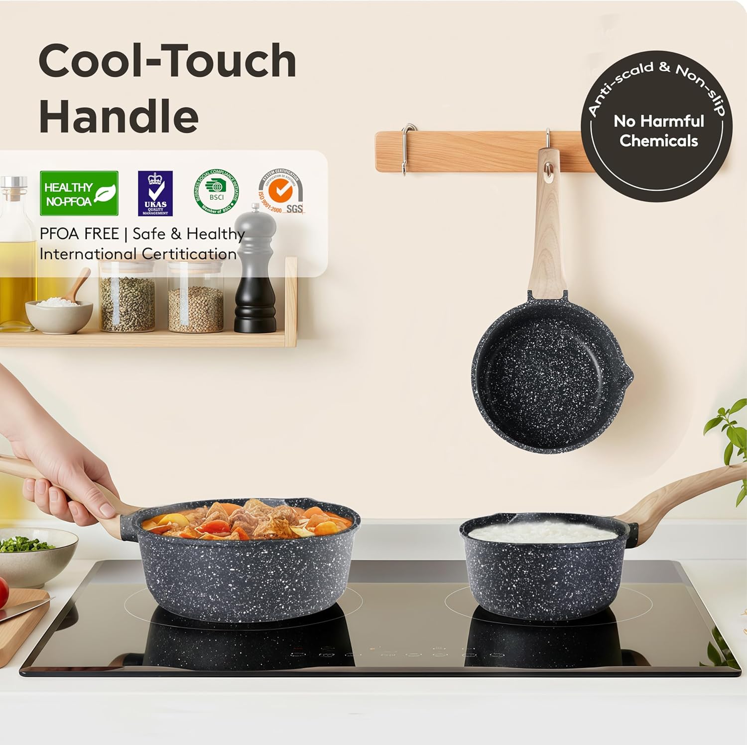 Skiennix Non-Stick Sauce Pan - Lightweight 1.5Qt Cooking Pot with Glass Lid | Induction Compatible