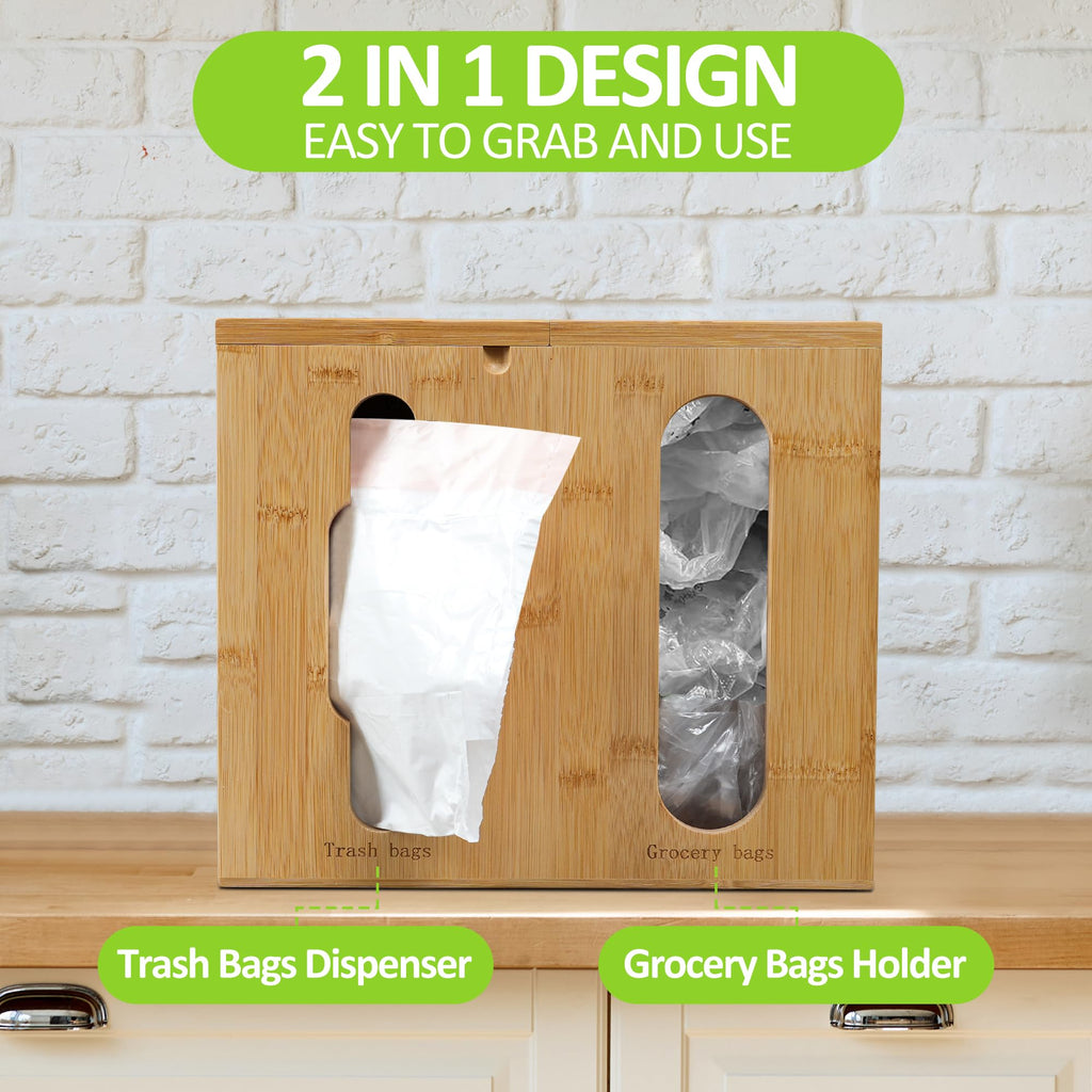 Bambition Trash Bag Dispenser & Grocery Bag Organizer, 2 in 1 Bamboo Garbage Bags Storage Box for Cabinet Door or Wall Mount