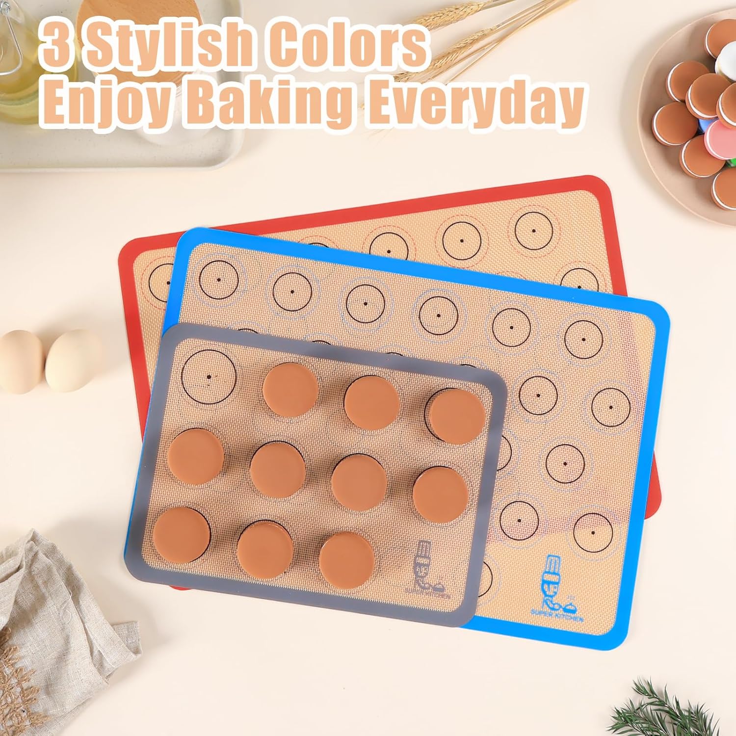 Silicone Baking Mat Macaron - Non-Stick Set of 3 Half & Quarter Sheet Liners | Red, Blue, Gray