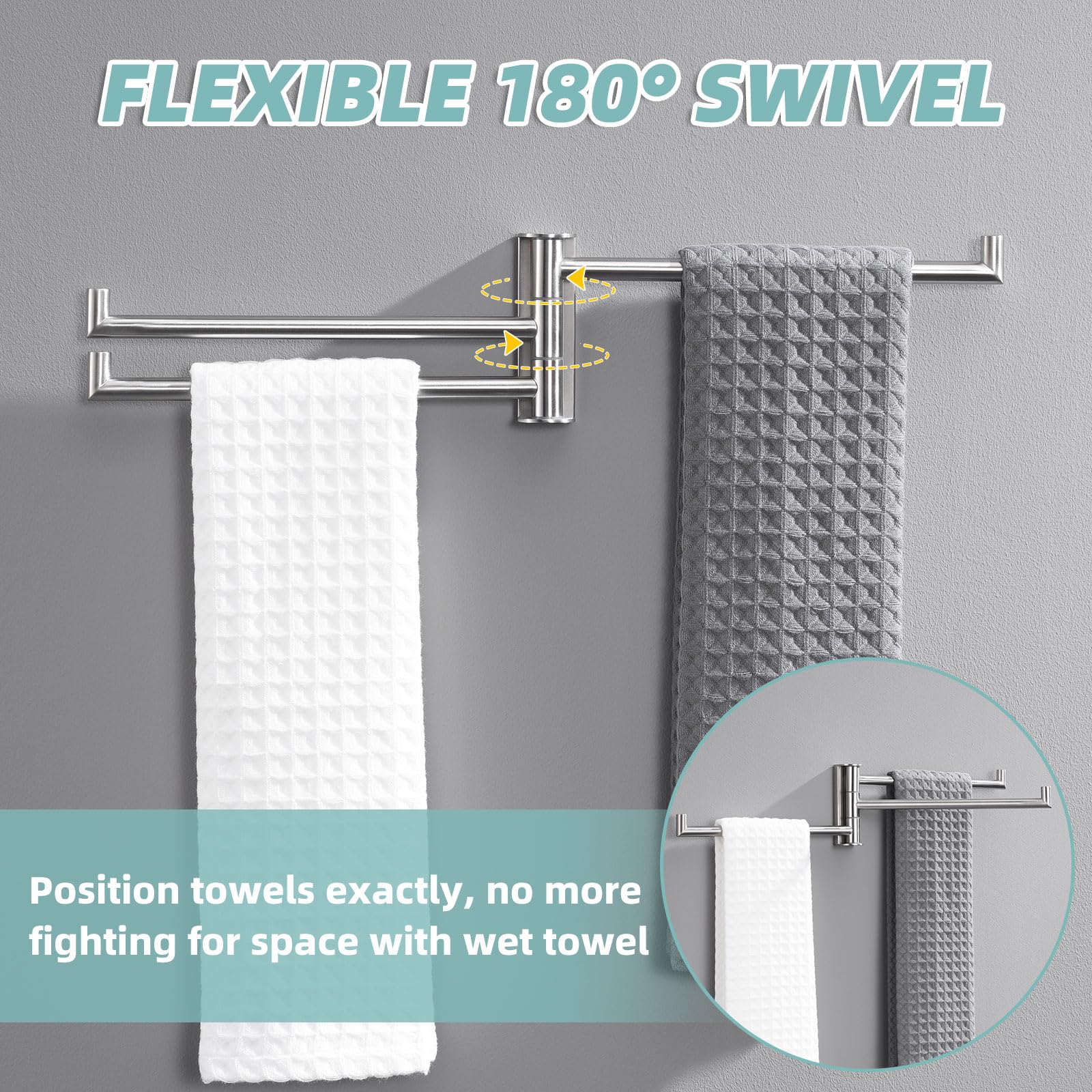APLusee Brushed Nickel Swivel Towel Rack, 304 Stainless Steel Foldable Towel Bar with Three Swing Arm, Wall Mounted
