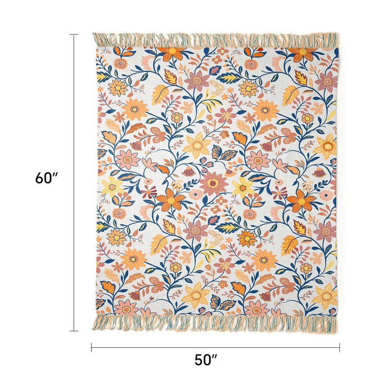 100% Cotton Boho Throw Blanket for Home Decor – Classic Farmhouse Quilt Bedding, Muslin Blankets for Adults, Vintage Woven Decorative Blanket for Couch, Bed Layering Use, Botanic Floral, 50"x60"