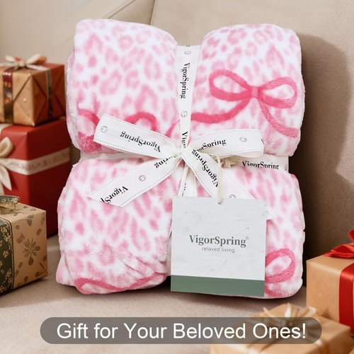 VigorSpring Pink Bow Blanket - 50x60 Inch, Leopard Background Printed, Super Soft Warm Valentine's Day Throw Blanket, Coquette Aesthetic Home Decor, Ideal Gift for Girls Women