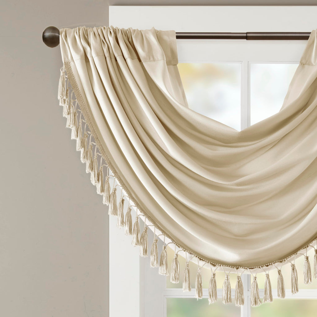 Madison Park Elena Waterfall Embellished Rod Pocket Valance , Faux Silk Valances for Window , 38X46" , Champagne