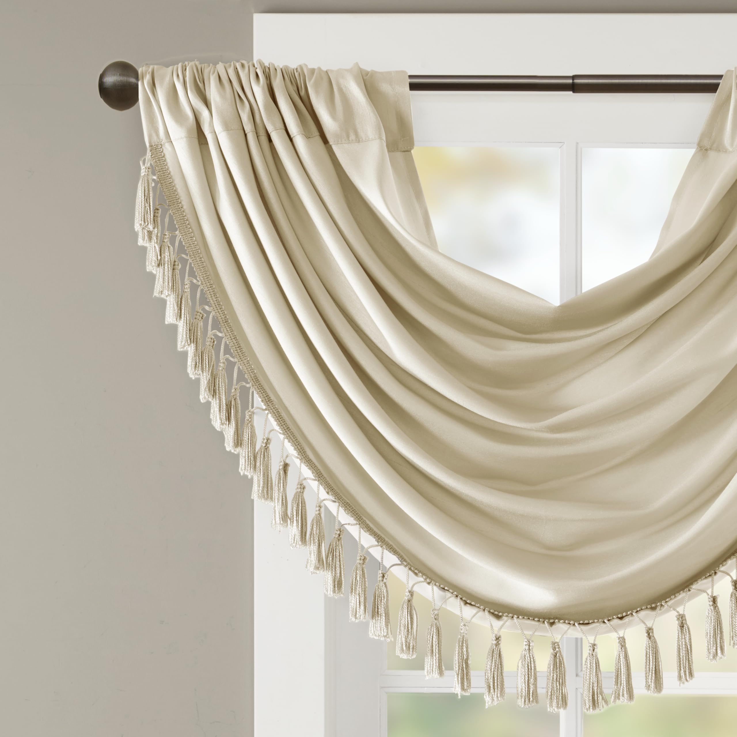 Madison Park Elena Waterfall Embellished Rod Pocket Valance , Faux Silk Valances for Window , 38X46" , Champagne