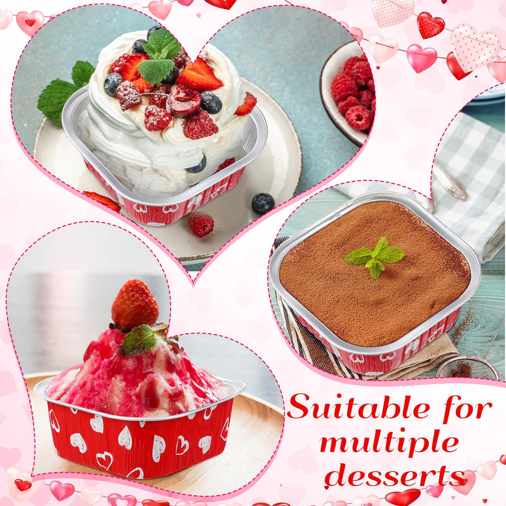 Jingmore 100 Pcs Heart Square Baking Pans with Lids 10oz Aluminum Foil Disposable Cupcake Cake Pans Baking Cups Individual Tin Dessert Containers for Wedding Birthday Party(Heart,Red)