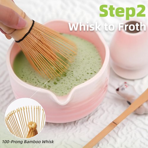 ECOLEMON Pink Matcha Kit, 6-Pcs Matcha Whisk Set, Valentines Day Gifts for Her, Matcha Bowl with Spout(18 OZ) & Macha Whisk and Holder, Matcha Bowl and Whisk set, Matcha Gifts, Women Birthday Unique