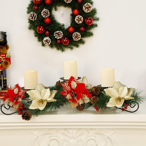 Joliyoou Christmas Tabletop Centerpiece - 17.5" Poinsettia Candle Holder with 3 Battery-Operated Lights