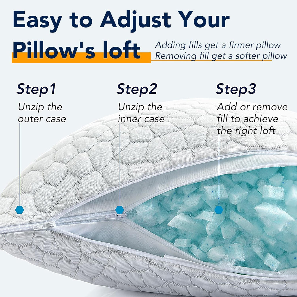 QUTOOL Cooling Pillow - CertiPUR-US Shredded Memory Foam | Adjustable Firmness for All Sleep Positions - Set of 2, White