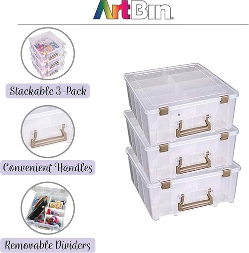 ArtBin Super Satchel Double Deep 3-Pack | Portable Art & Craft Organizers with Handles - Clear & Gold