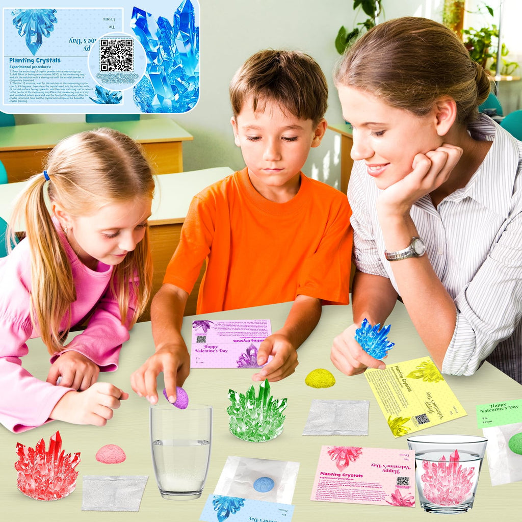 24 Pack Valentines Day Gifts for Kids - Crystal Growing Science Kit with Valentine Cards, Unique Class Classroom Exchange Cards, School Party Favors and Goodie Bags Stuffers for Girls Boys