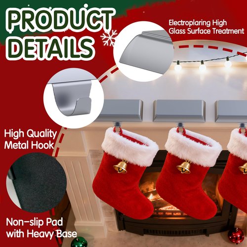GloTika Christmas Stocking Holders for Mantle Set of 6, Heavy Duty Stocking Holder Hooks for Fireplace Tabletop Shelf Christmas Ornaments, Cast Iron Stocking Hangers Base, Sliver