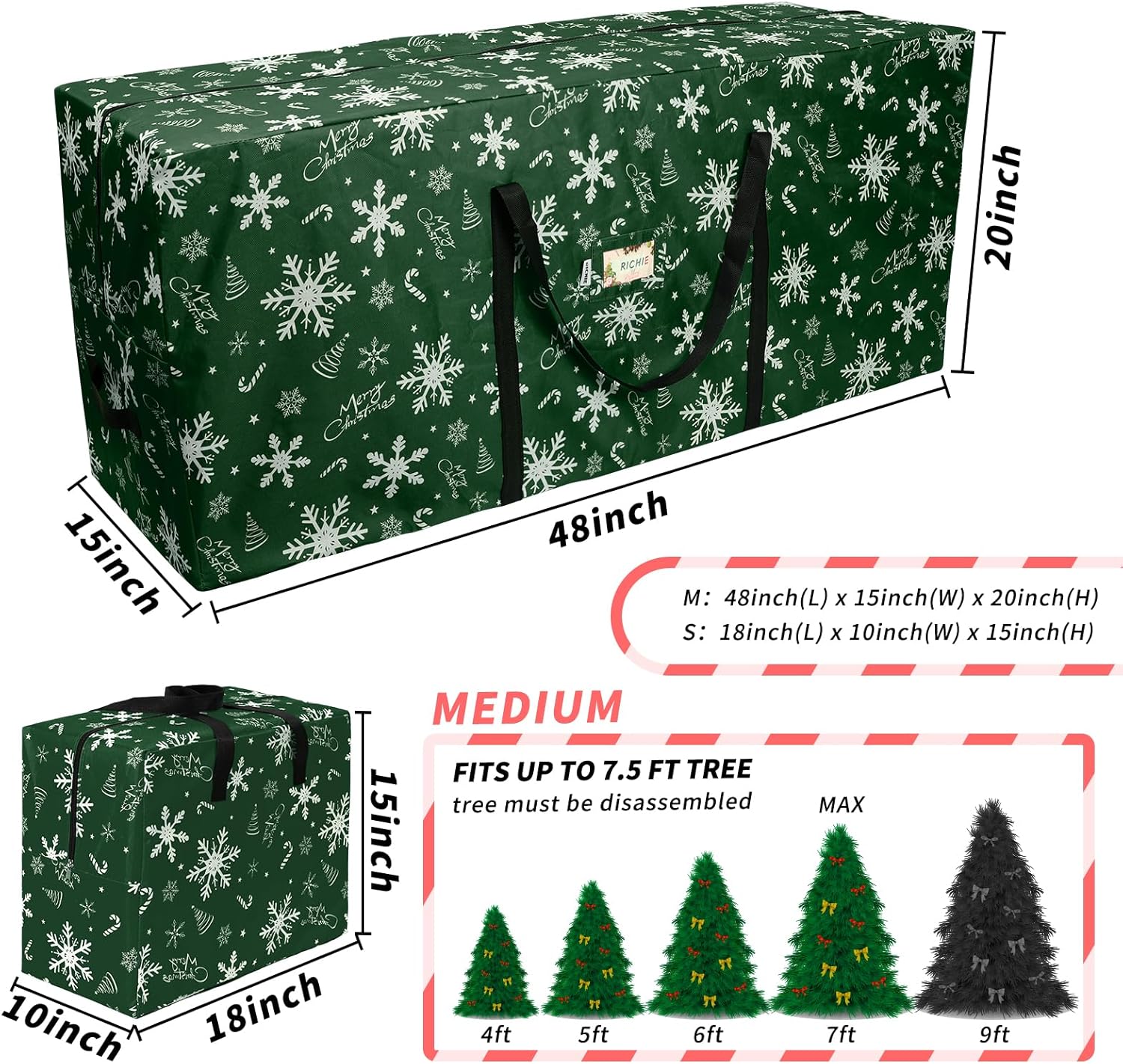 RICHIE Christmas Tree Storage Bag - 7.5 ft Durable 600D Oxford | Fits Up to 7 ft Artificial Trees, Green