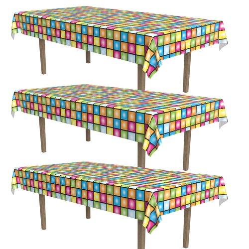 Beistle Disco Tablecovers, 54' x 108', 3 Pieces Plastic Table Cloth, Rectangular Tablecloth, Table Covers for Party, Disco Theme Party Decorations, Groovy Tablecloth