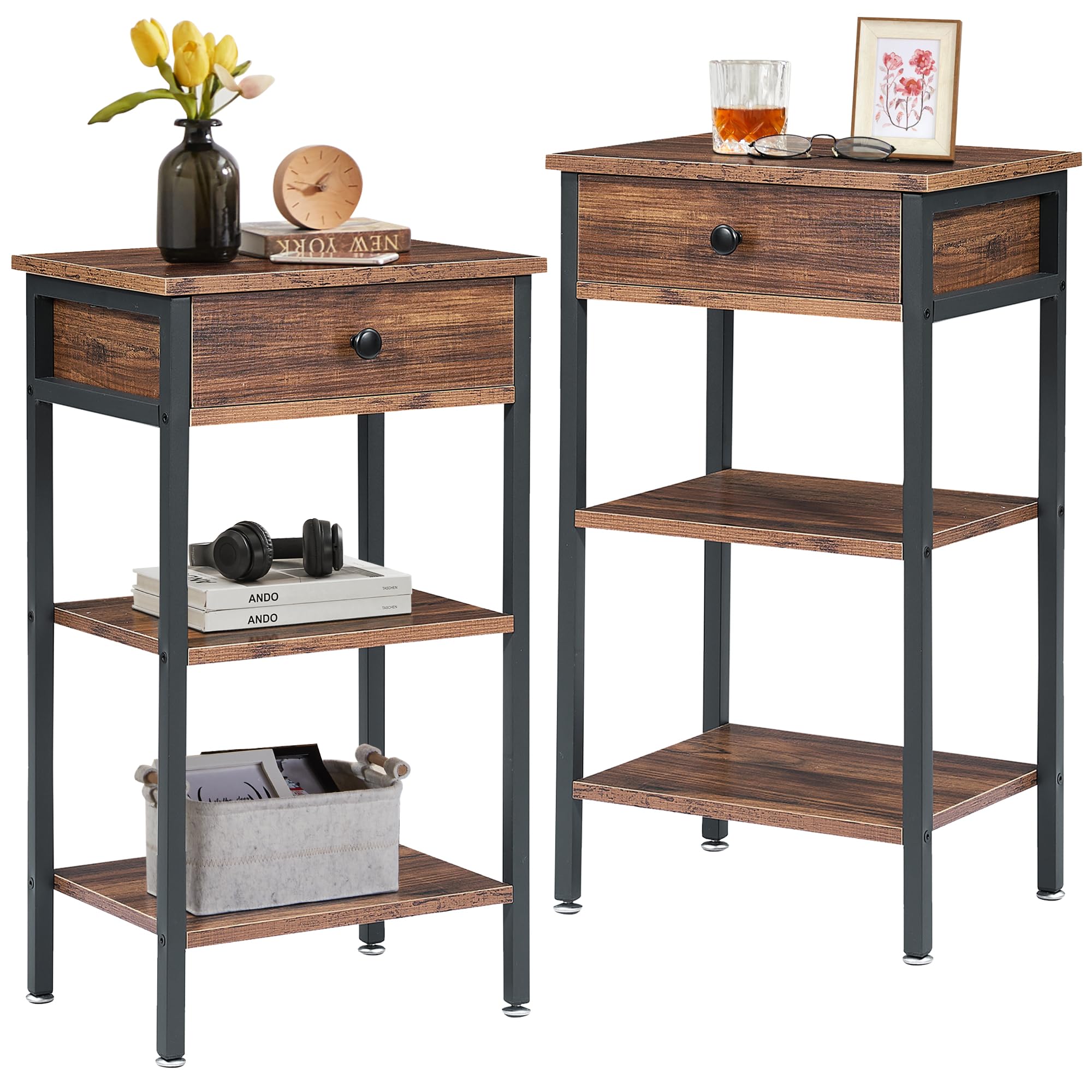 VECELO 28 Inch End Table,Industrial Retro Side Table Nightstand Storage Shelf Tall End Table Easy Assembly Nightstand for Living Room Bedroom Kitchen Family and Office Set of 2,Brown