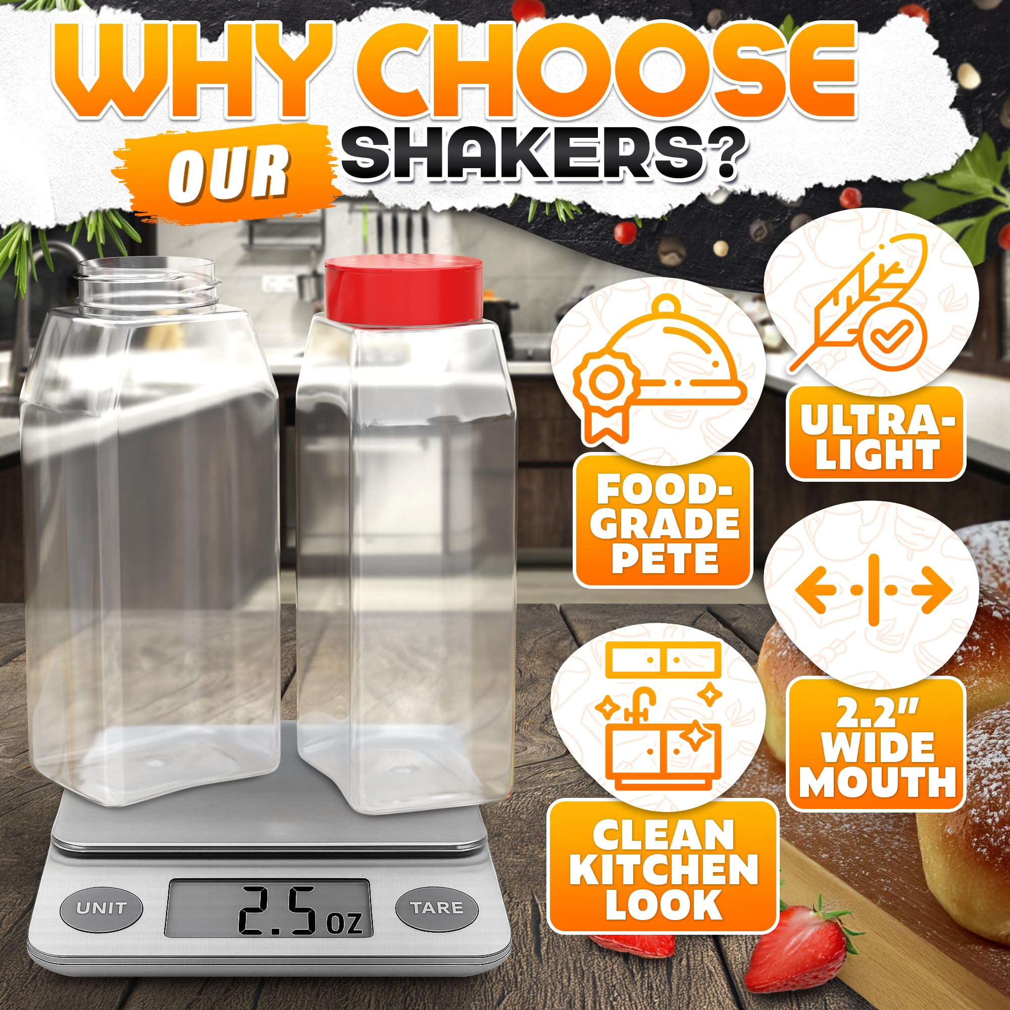 2 Pcs Large Seasoning Shaker – 32oz Storage Seasoning Containers – Large Spice Shakers with Holes and Lids Dual Shake, Clear Jars with Airtight Seal, Unique Shape for Loose Leaf Tea, Rubs, & Herbs