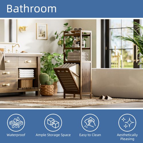 HITNET Bamboo Tilt Out Laundry Hamper, Bathroom Storage Cabinet with Hidden Removable Basket and 3 Open Shelves, Space Saving Bamboo Storage for Clothes, Towels and Toys, Walnut