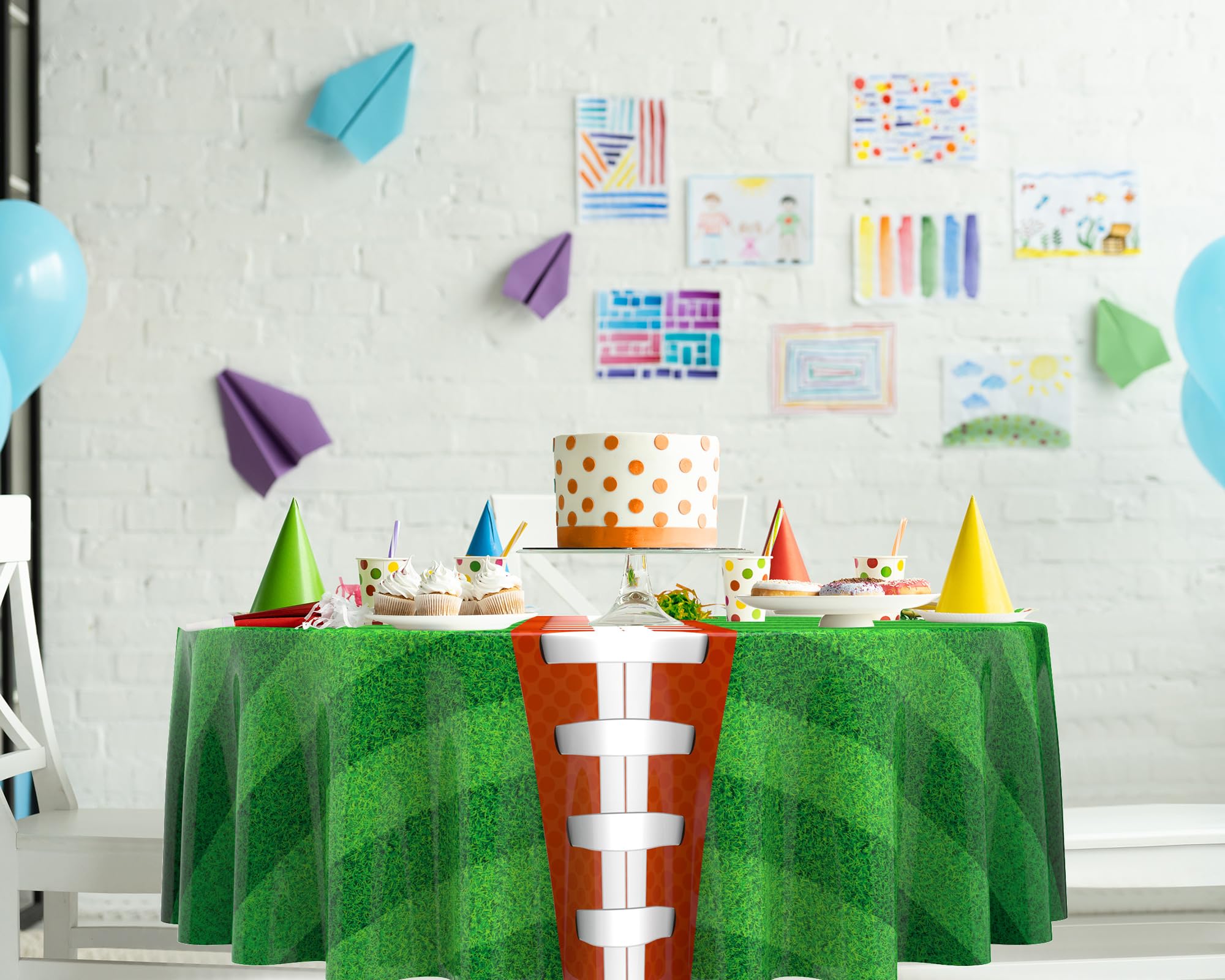 Oudain 12 Pcs Round Football Themed Tablecloths 84 Inch Football Field Tablecloth Green Grass Table Cover Plastic Sports Tablecloths Disposable Brown Ball Tablecloth for Birthday Party Supplies