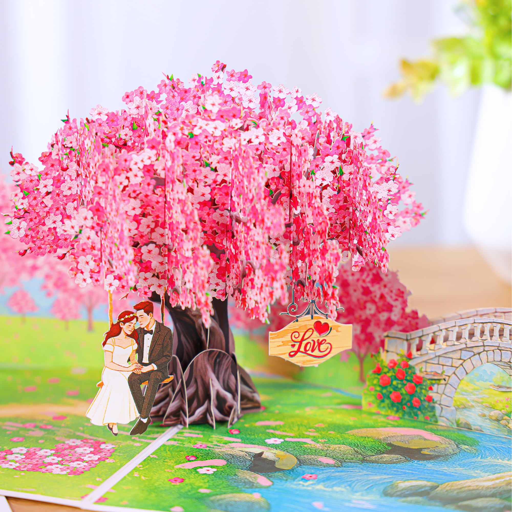 Pop Up Valentines Cards, 3D Cherry Blossoms and Swing Couple in Love, Anniversary, Wedding Cards for Wife, Husband, Her, Him, Girlfriend, Ideal Gift for Birthday, Wedding, Valentine's Day, Mothers Day