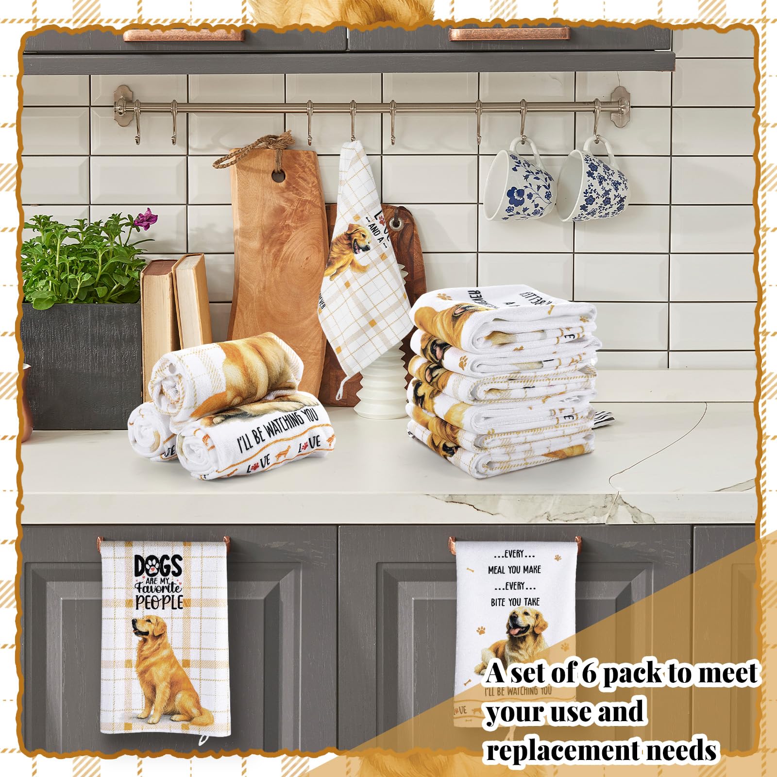 Redbaker 6 Pcs Golden Retriever Kitchen Towels Funny Dish Towel Gifts for Golden Retriever Lovers Kitchen Hand Tea Dishcloth Dog Owner Decorative with Hanging Loop for Christmas Home Housewarming Gift
