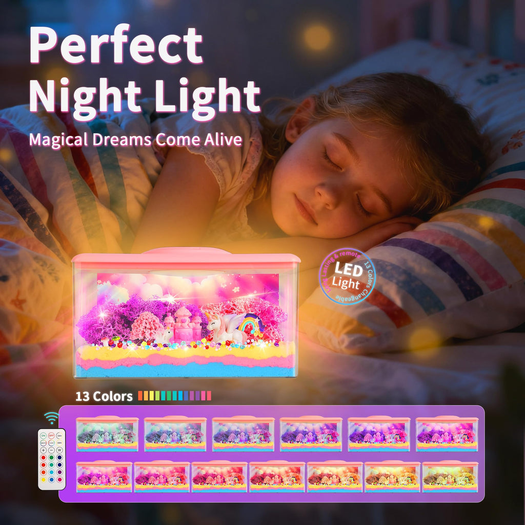 Unicorn Light-Up Terrarium Kit Toys for Kids - Not Fragile - LED Night Light Birthday Gift for Girls Ages 4 5 6 7 8-12 Year Old - DIY Arts and Crafts Kit, with Music, Stickers, Background
