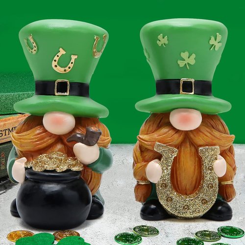 Hodao St. Patrick's Day Gnome Decorations - 2 PCS Green Elf Figurines for Home Table Decor