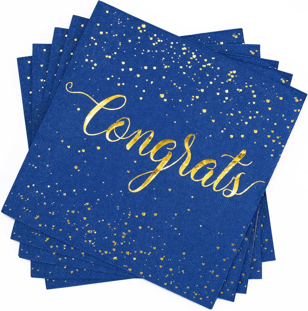 Whaline Graduation Cocktail Napkins - 80 Pack Blue & Gold Foil Congrats Design | Disposable Party Decor