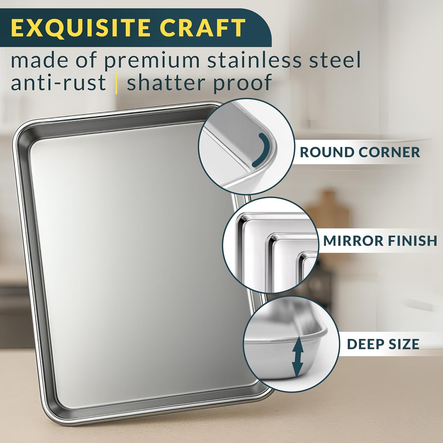 Baker’s Signature Stainless Steel Cookie Sheet Pan Set - Non-Stick, Rust Resistant, 3 Sizes (9/12/16 Inch)